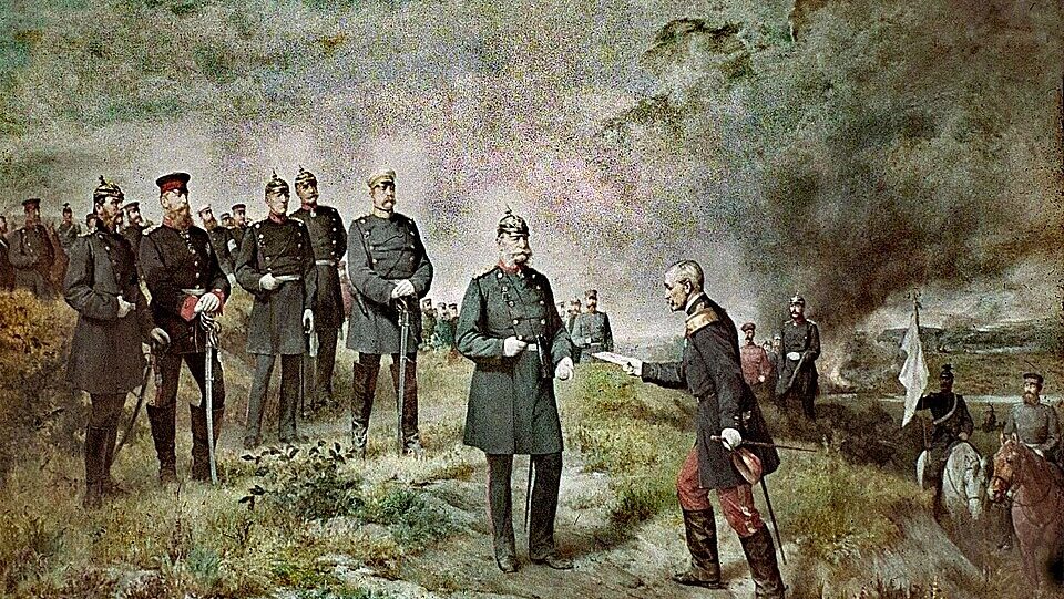 フランスのレイユ将軍がナポレオン3世の降伏書簡をヴィルヘルム1世に届ける場面（カール・シュテフェック）